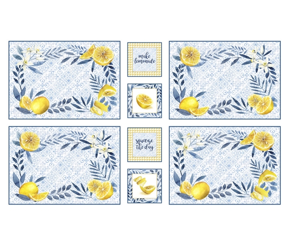 P & B Textiles Placemat Panel with an Italian theme of lemons on a blue tile background