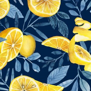P & B Textiles Citrus Sayings Lemons and Leaves on dark blue