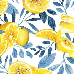 P & Textiles Citrus Sayings Lemons with blue leaves on white