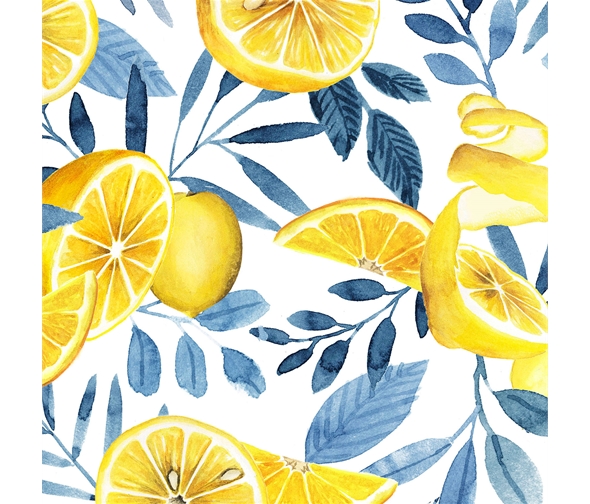 P & Textiles Citrus Sayings Lemons with blue leaves on white