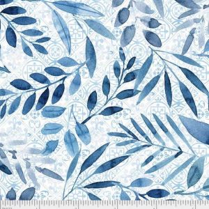 P & B Textiles Citrus Sayings Fabric Leaf Design in Blue