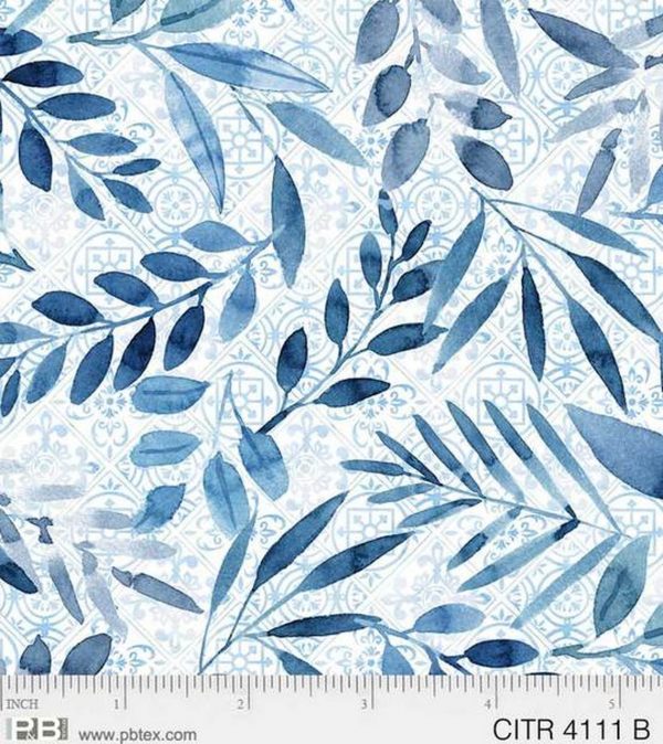 P & B Textiles Citrus Sayings Fabric Leaf Design in Blue