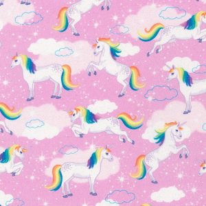 Robert Kaufman Enchanted Unicorns Fabric Glittered Pink