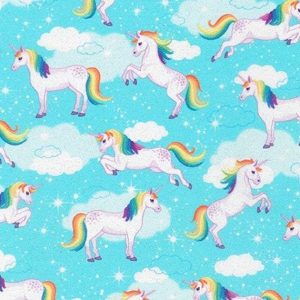 Robert Kaufman Enchanted Unicorns Fabric Glittered Aqua