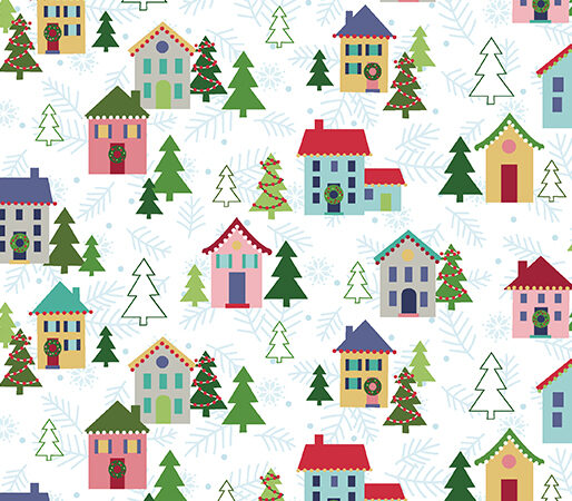 Benartex Better Not Pout Christmas Village on White