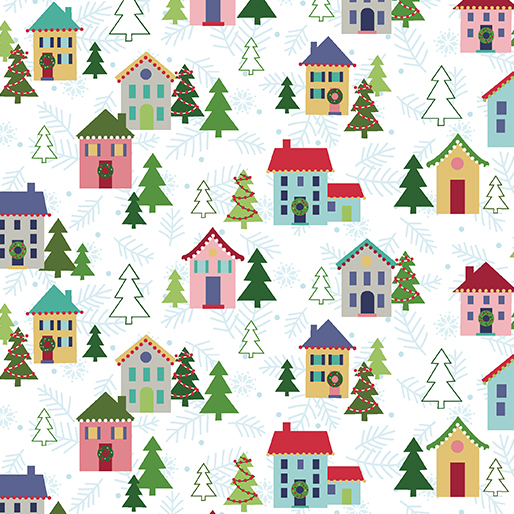 Benartex Better Not Pout Christmas Village on White fabric