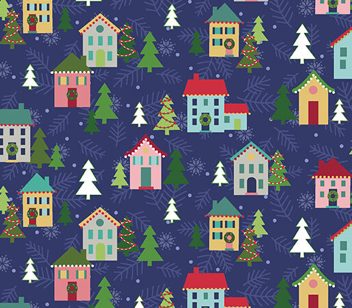 Benartex Better Not Pout Christmas Village on Navy