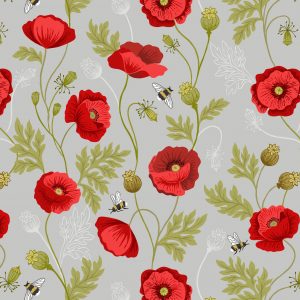 Lewis & Irene Fabrics Poppies and Bee on Light Grey A553.1