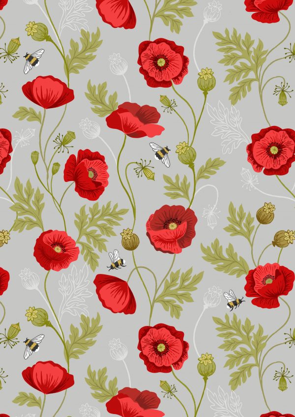 Lewis & Irene Fabrics Poppies and Bee on Light Grey A553.1