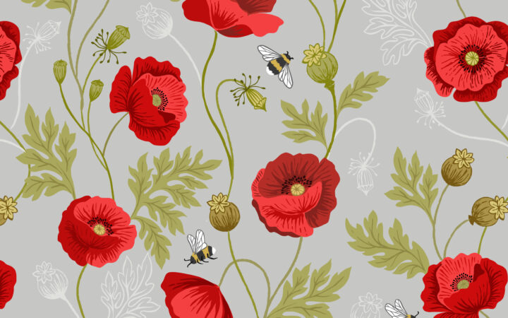 Lewis & Irene Poppies Poppy and Bee on Light Grey