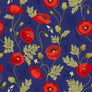 Lewis & Irene Fabric Poppies and Bee on Blue A553.2