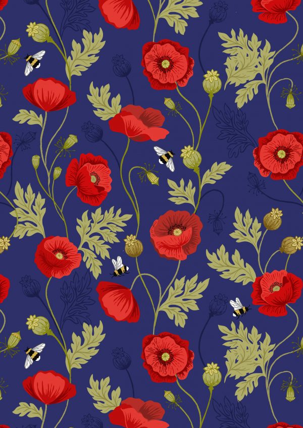 Lewis & Irene Fabric Poppies and Bee on Blue A553.2