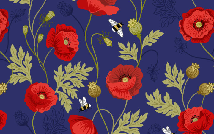 Lewis & Irene Poppies Poppy and Bee on Blue