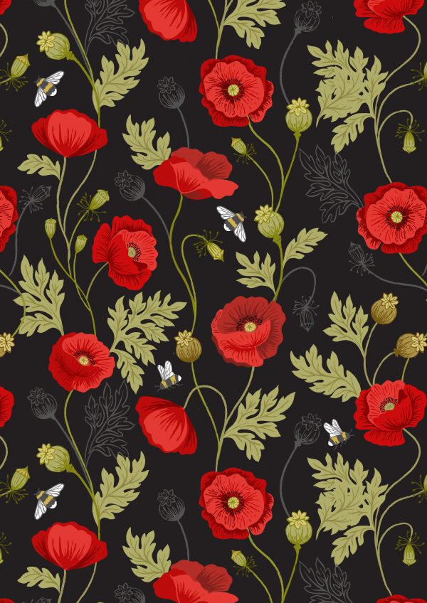 Lewis & Irene Fabric Poppies and Bee on Black A553.3