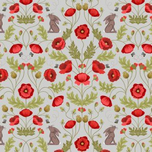 Lewis & Irene Fabric Poppies & Hare on Light Grey A557.1