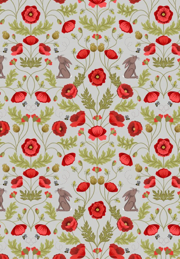 Lewis & Irene Fabric Poppies & Hare on Light Grey A557.1