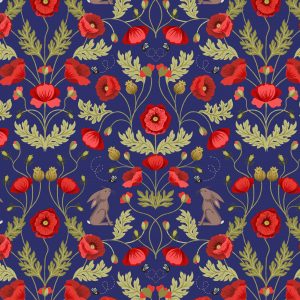 Lewis & Irene Fabrics Poppies & Hares on Blue A557.3