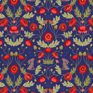 Lewis & Irene Fabrics Poppies & Hares on Blue A557.3