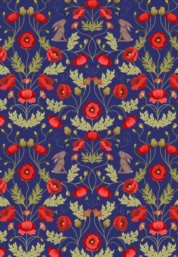 Lewis & Irene Fabrics Poppies & Hares on Blue A557.3