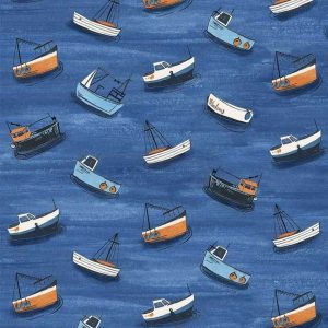 P & B Textiles Sailor's Rest Fabric Fishing Boats bobbing on a blue sea