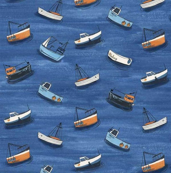 P & B Textiles Sailor's Rest Fabric Fishing Boats bobbing on a blue sea