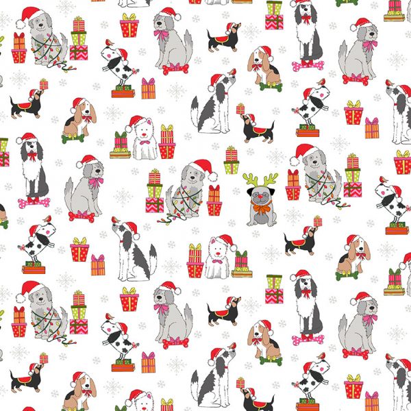 Makower Fabrics Yappy Christmas Festive Dogs Scattered on Cream