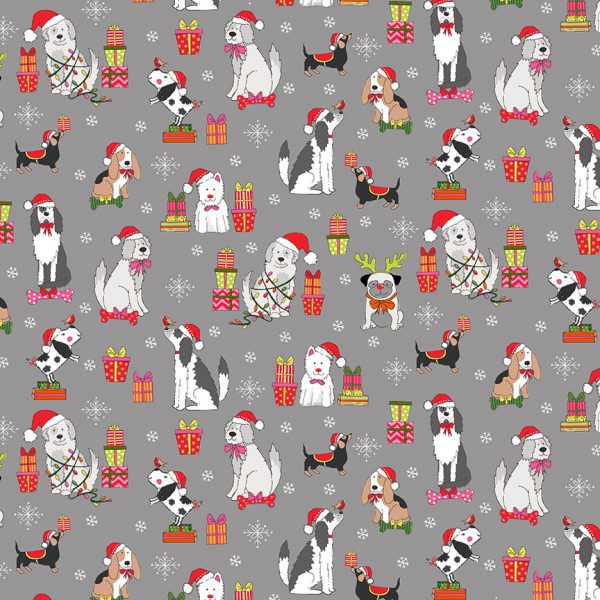 Makower Fabrics Yappy Christmas Festive Dogs Scattered on Grey