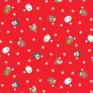 Makower Fabrics Yappy Christmas Dog Heads in Christmas Hats on Red