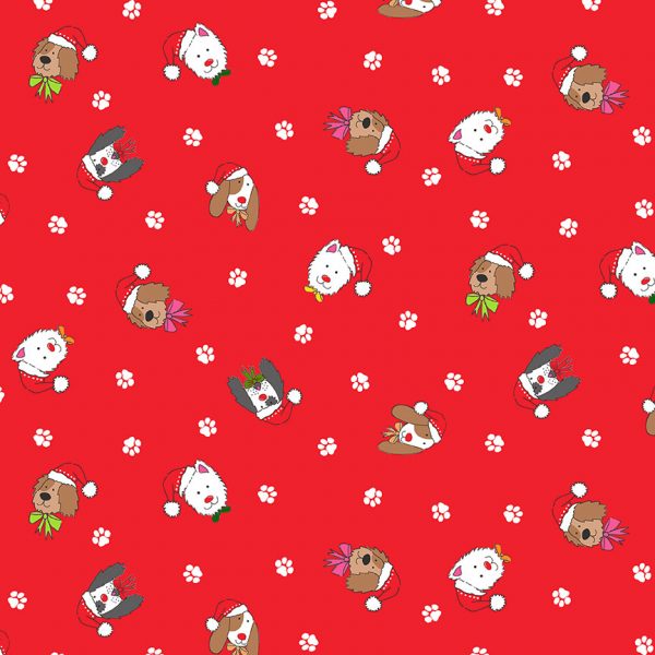 Makower Fabrics Yappy Christmas Dog Heads in Christmas Hats on Red
