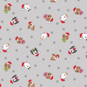 Makower Fabrics Yappy Christmas Dog Heads in Christmas Hats on Grey