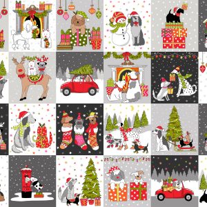 Makower Fabrics Yappy Christmas Festive Dogs Blocks Panel