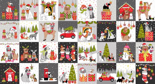 Makower Fabrics Yappy Christmas Festive Dogs Blocks Panel