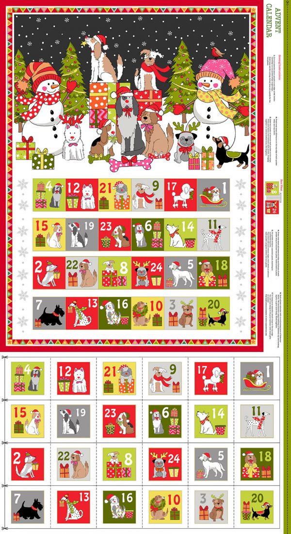 Makower Fabrics Yappy Christmas Festive Dogs Advent Calendar Panel