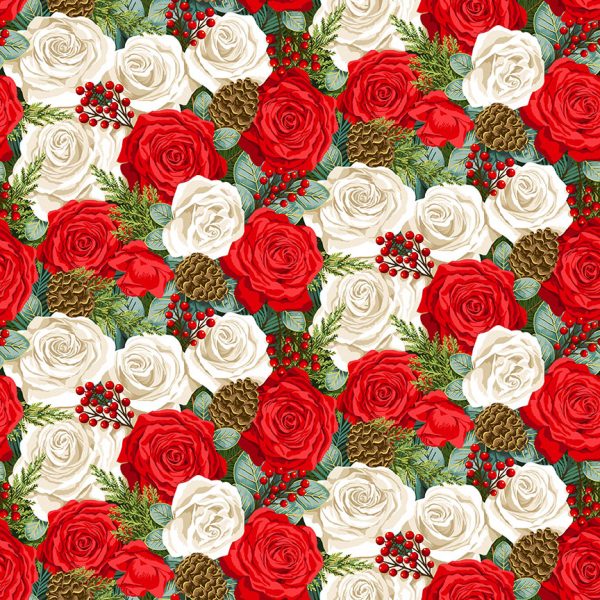 Makower Fabrics Red & White Christmas Roses with Fir Cones