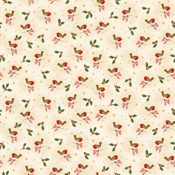 Makower Fabrics Christmas Classics Robins on Cream