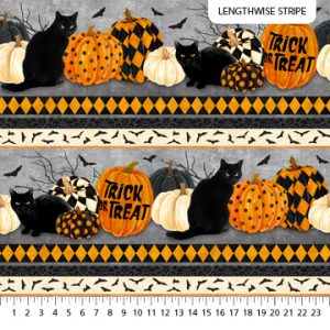 Northcott Black Cat Capers Cats & Pumpkins Lengthwise Stripe 24115-99