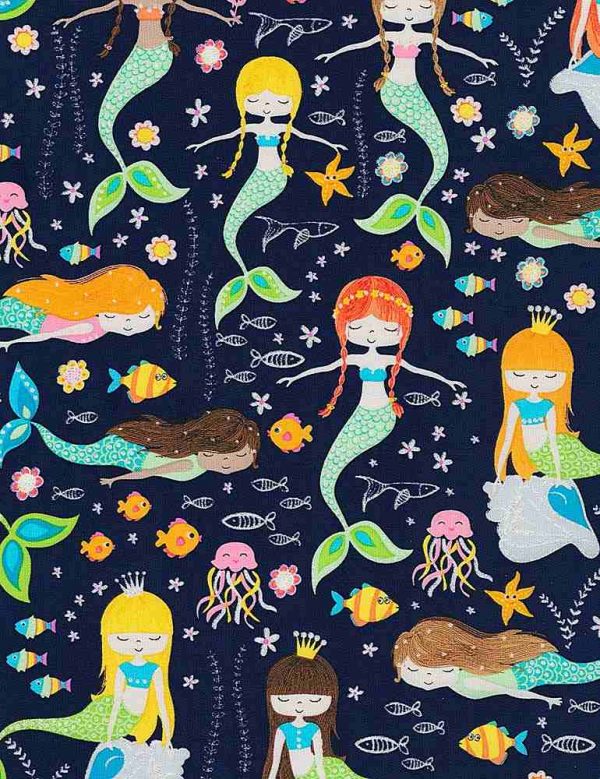 Timeless Treasures Glitter Mermaids on Navy CM7436