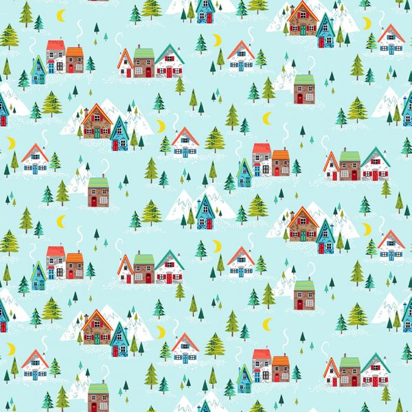 Makower Fabrics Christmas Village on Aqua 2379/T