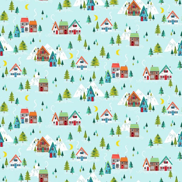 Makower Fabrics Christmas Village on Aqua 2379/T
