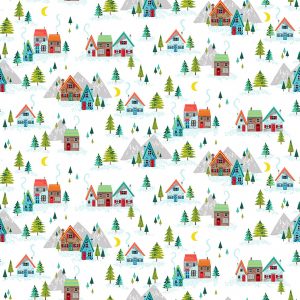 Makower Fabrics Santa Express Christmas Village on White 2379/W