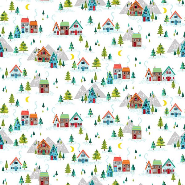 Makower Fabrics Santa Express Christmas Village on White 2379/W