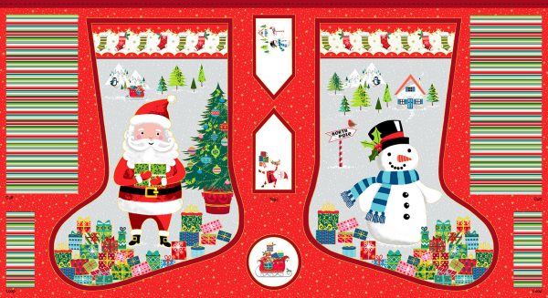 Makower Fabrics Christmas Stocking Panel Santa & Snowman 2388/1