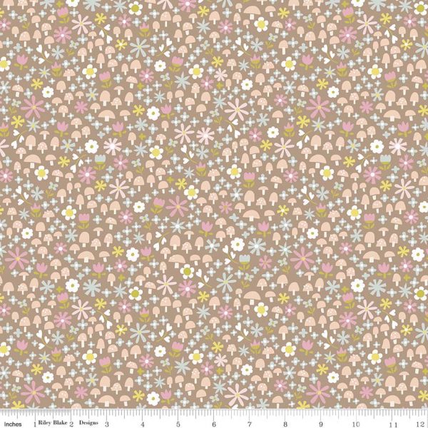 Riley Blake Fabrics Goldilocks Toadstools & Flowers on Brown 5714