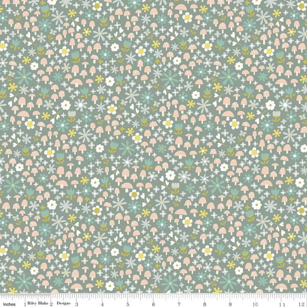 Riley Blake Fabrics Goldilocks Toadstools & Flowers on Teal 5714