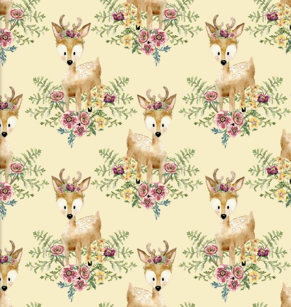 3 Wishes Fabric Forest Friends Pink Deer on Lemon
