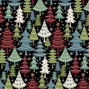 Benartex Jolly Penguin Festive Trees Black