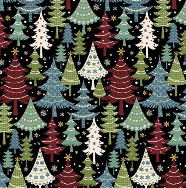 Benartex Jolly Penguin Festive Trees Black