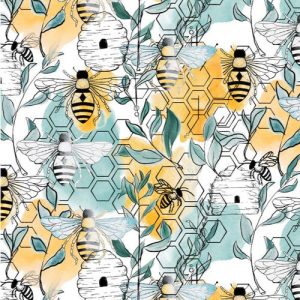 Craft Cotton Co Fabrics Beetanical Floral Bees on White