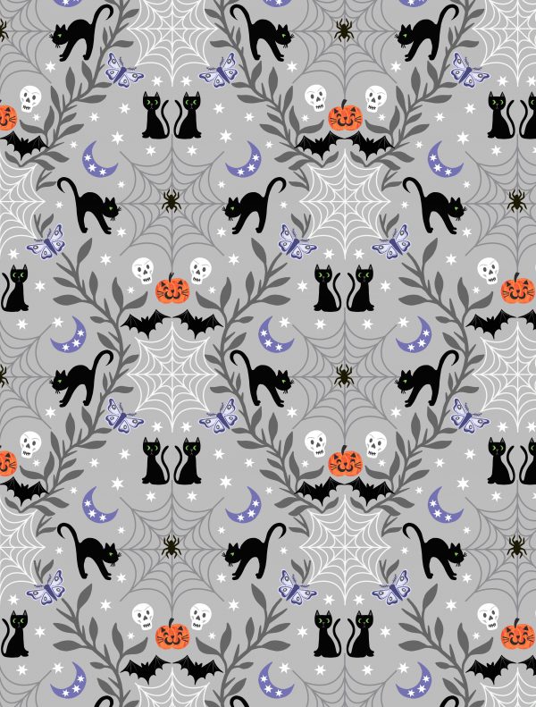 Lewis & Irene Fabrics Castle Spooky Cats on Pale Grey