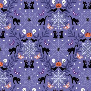Lewis & Irene Fabrics Castle Spooky Cats & Cobwebs on Purple